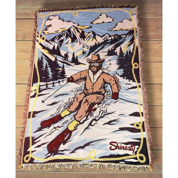 Shinesty "Skiing Cowboy Bear" Fringed Tapestry Blanket 4’ X 6’ - Picture 1 of 4